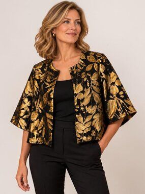 Bryn Walker Calla Jacket Black Gold Metallic Jacquard Botanical Statement XL NWT